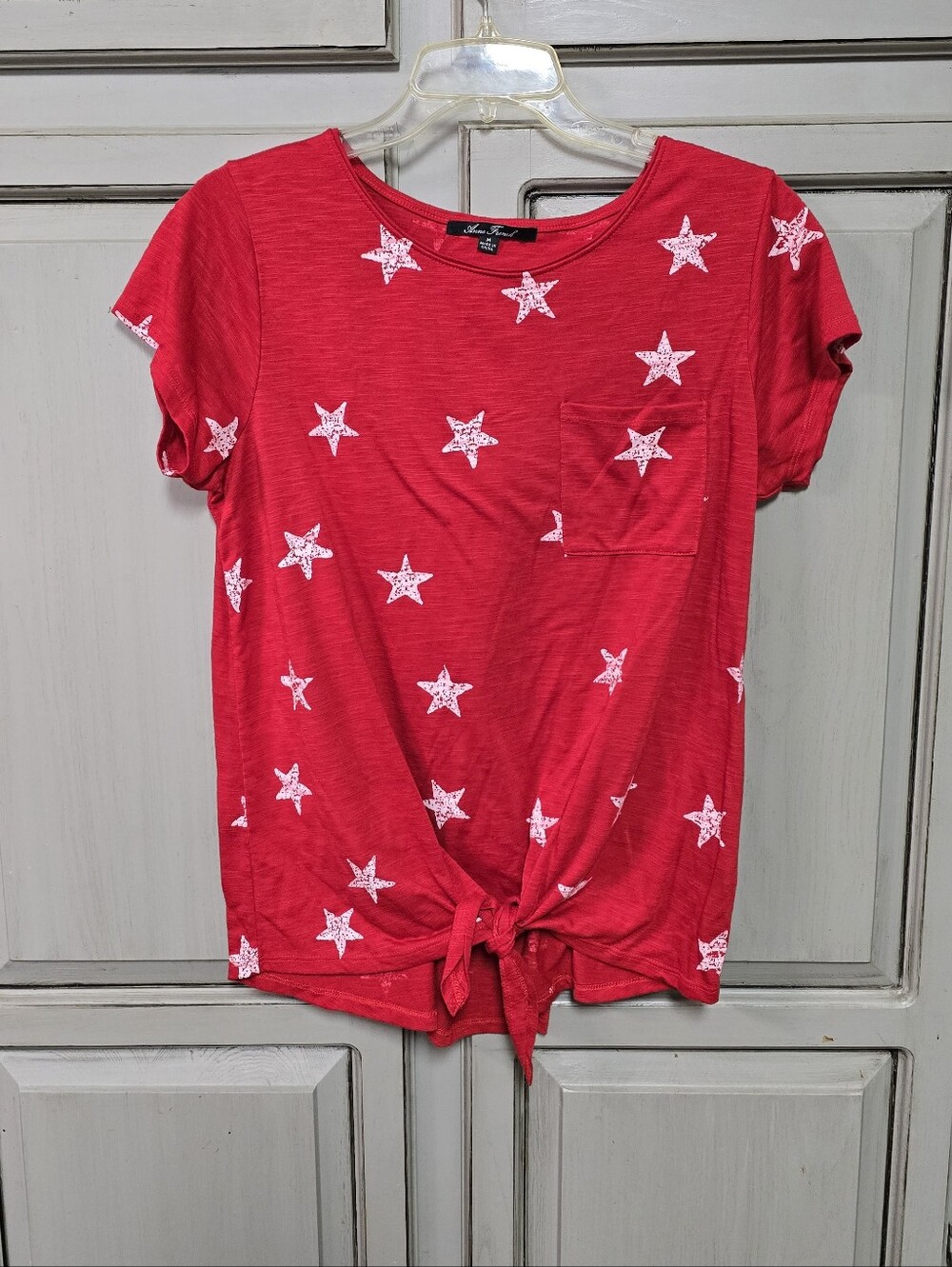 Star Print Tie-Hem Short Sleeve Tee - Red
